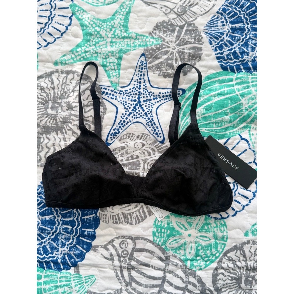 Versace‎ Women Black Monogram Greca Triangle Bralette Size 2 / S NWT Luxury